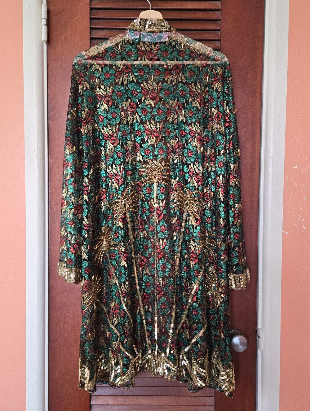 Vintage French Collizioni Embellished Floral Palm Trees Sheer Beaded Duster 2X - Picture 2 of 10